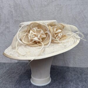 Elite Champagne at Womens Cream Brocade Paisley Wide Brim Derby Wedding Church